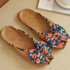 JUN팩토리 여성 남자 라탄 린넨 왕골 슬리퍼 등나무로즈리본 여름 실내 거실용 실내화, 블루, 1개