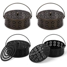 4피스 모기 코일 홀더 휴대용 모기 향 홀더 손잡이 포함 원형 금속 샌들우드 향 버너 홈 캠핑 실내 실외 테라스용 (블랙 및 브론즈), 블랙 및 브론즈