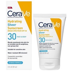 CeraVe 세라비 얼굴 바디용 SPF30 자외선 차단제 / 하이드레이팅 시어 선스크린 히알루론산 세라마이드 파라벤 프리 무향 223983, 89ml