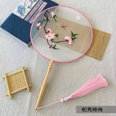 初見 團扇刺繡古風圓扇 中國風漢服古典長柄攝影扇 旗袍真絲仙鶴舞蹈扇子, 1個, 花蝶圓-刺繡