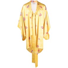 안젤로 빈티지 컬트 중고 1990's 비치 프린트 스퀘어 소매 미디 실크 코트