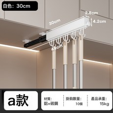 家用臥室衣櫃掛鉤壁掛內置粘鉤伸縮多功能滑軌抽拉排鉤衣褲收納架, 白色 A款 30cm+10個掛鉤