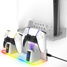 PS5 RGB 라이트 메탈 스탠드 및 앵커와 호환되는 고속 충전 컨트롤러 스테이션이 포함된 포스몬 월 마운트 키트(슬림 프로) 디스크 디지털 버전(Slim & Pro)