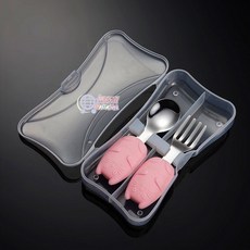 兒童餐具304不銹鋼叉勺組 寶寶輔食學習餐具 矽膠短手柄易抓握, 幼兒短柄叉勺組(附收納盒）-粉色貓身, 1個