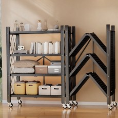 Tiger Pavilion 3단4단5단원터치 접이식 이동가능 철제 스탠드 선반, 4단, 블랙