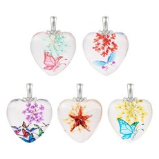 FASHEWELRY 5피스 눈물 방울 말린 꽃 펜던트 올빼미 나비 꽃 투명 유리 참 천연 꽃 유리 비즈 참 DIY 목걸이 팔찌 귀걸이 책갈피 주얼리 제작용, 혼합 색상 하트
