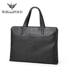 WilliamPOLO 英皇保羅 頭層牛皮 男士手提公文包 簡約商務, 黑色, 黑色