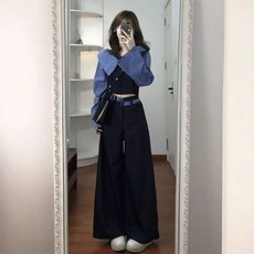 ZAJA 여성 슬랙스 투피스 조임 긴팔 스트라이프 패치워크 캐주얼 셔츠+바지 세트