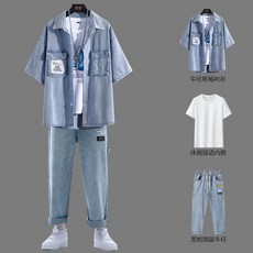 潮流男童牛仔短袖襯衫套裝，夏季新款學生兩件套，痞帥氣五分袖運動套裝