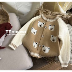 童趣小姐童裝 咖色小熊圖案針織外套/毛衣外套 可愛中性秋冬保暖童裝