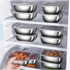 스테인리스 신선보관용기 투명 뚜껑 밀폐식 사각형 냉장고 수납 보관함 10P 세트, 10개, 1세트