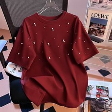 유니픽 여성 진주 장식 반팔 티셔츠 트렌디 캐주얼 스타일ZHB