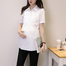 여름 롱 블라우스 임산부 임부복 반팔 셔츠 카라 여성 캐주얼 데일리 루즈핏 블루
