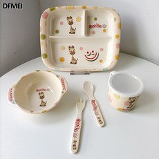 DFMEI 恐龍卡通兒童餐具套裝分格餐盤碗杯叉勺高顏值五件套餐, 1個, 如圖, 長頸鹿竹纖維五件套