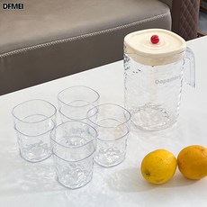 DFMEI 輕奢波紋冷水壺 居家加厚隔熱冷水壺大容量塑料涼水壺涼水杯, 1個, 奶油色(單壺+四杯):如圖, 1L