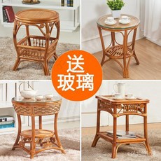 真藤茶幾 藤編臥室小茶幾 藤製實木茶桌 客廳桌子 傢用陽臺茶幾 桌 竹製 V7CW, 福魚茶几（直徑60） 送玻璃,整裝, 1個