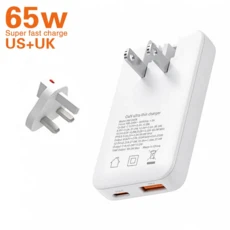 TINSOL PD 65W 초박형 질화갈륨 충전기 미국EUKRUK USB-C 듀얼 포트 고속 헤드(다국가 여행용 플러그 포함), 04 white 65W US UK