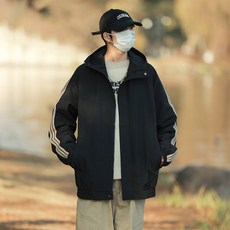 男款三條紋衝鋒衣外套 防風薄款運動連帽夾克, 2XL, 黑色