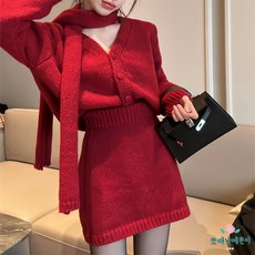 쪼예 [3피스] 폭닥 루즈핏 니트 가디건 스커트 머플러 세트