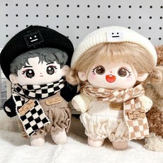 棉花娃娃 20cm娃衣冬季格子圍巾毛衣套裝棉花娃娃公仔換裝明星玩偶禮物 娃衣 ETKU, 擰花毛衣+白色背帶褲+圍巾+帽子+鞋,20cm（僅售娃衣）, 1個