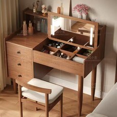 實木化妝台 小戶型 翻蓋 收納櫃一體 臥室現代簡約, 80cm-原木色-單桌 實木椅,實木 半組裝(只需安裝腳、鏡架)