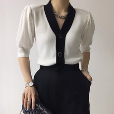 메이킹유 반팔 니트 브이넥 배색 4336아렌가디건