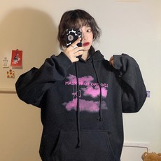 加絨卡通印花帽T 秋冬復古寬鬆BF風情侶衛衣