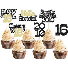Ephlyn 30피스 Happy 30th Birthday 컵케이크 토퍼 글리터 Thirty Straight Outta 1996 컵케이크 피크 건배 30주년 케이크 장식 해피 3, 16번째, 블랙 골드