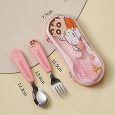 蠟筆小新 寶寶輔食勺叉套裝 304不鏽鋼卡通便攜餐具, 1個, 蠟筆小新兒童勺+叉套裝-粉色