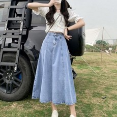 아이엠몽 여성 하이웨스트 플레어 A라인 롱 데님 스커트