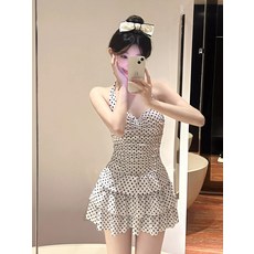 新款連體裙式波點女孩泳衣女保守顯瘦遮肉性感大胸聚攏