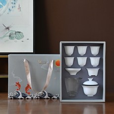 德化白瓷羊脂玉套組功夫茶具蓋碗禮盒套裝公司伴手禮伴手禮陶瓷, 1個, 德化白瓷10件套配魚躍龍門盒:如圖所示26