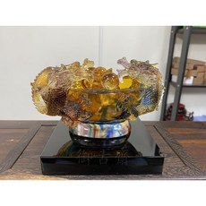 【御古齋】彩晶琉璃雙龍戲珠聚寶盆，精雕細琢，招財納福風水擺件，附底座, 1個, 彩晶琉璃