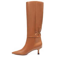 Coutgo 여성용 키튼 힐 니하이 부츠 포인티드 토 톨 부츠 풀온 윈터 드레스 롱 부츠 슈즈 베이지.