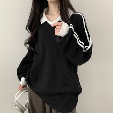 투니스 여성 루즈핏 폴로넥 배색 긴소매 맨투맨 티셔츠