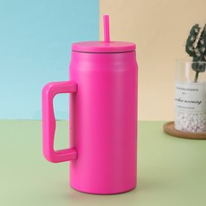 不鏽鋼真空保溫杯 大容量 50oz 攜帶手柄 汽車杯 便攜設計 保冷保熱 戶外運動 辦公用品+玫紅色+50oz, 1個, 1L, 玫紅色:50oz