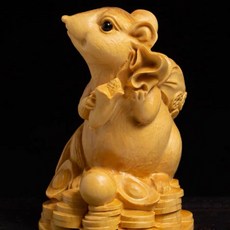 Wendy 黃楊木雕文玩手把件，創意元寶生肖鼠擺件，手工實木雕刻老鼠，招財納福, 黃楊木招財鼠約7公分