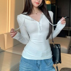 후암마켓 여자 슬림핏 단추 후드 긴팔 티셔츠