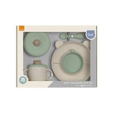 Combi 康貝 小熊鉑金矽膠餐具禮盒 6個月以上適用, 綠/米色, 1套, 學習碗+餐盤+吸管杯+餵食匙
