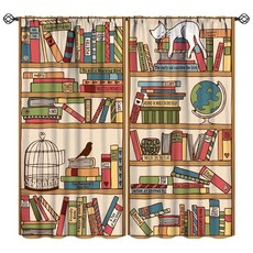 YCness Bookshelf Curtains Cartoon Cat Boho Library Art Printed Window Drapes for Bedroom Living Ro