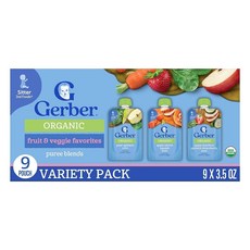Gerber 2단계 이유식 유기농 과일 및 채소 페이버릿 퓨레 파우치 버라이어티 팩 감미료 무첨가 이유식 파우치 9팩