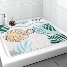 정사각형 샤워 매트 Yonala 61 x 61cm(24 x 24인치) 세련된 미끄럼 방지 샤워 매트 중앙 배수 구멍이 있는 내부 샤워용 부드럽고 다듬을 수 있는 PVC 수, 녹색 잎
