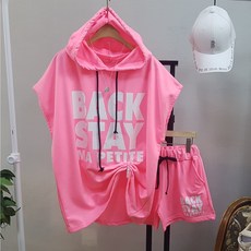 Imagination & Beyond 女款字母印花螢光連帽短袖T恤+短褲套裝