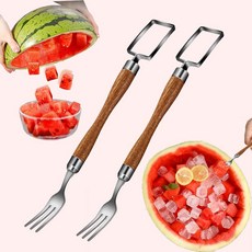 포크가 달린 수박 슬라이서 커터 | 수박 캔털루프 망고용 2PCS 스테인리스 과일 절단 도구 가족 바비큐 피크닉을 위한 간편한 멜론