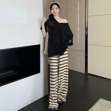 패션 임부복 상하의 세트 봄 여름 임산부 프렌치룩 티셔츠 상의 + 캐주얼 스트라이프 와이드 바지 투피스 WMY