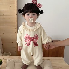 몽실이 러블리 체크리본 레이스 우주복 유아용 여아 봄 가을 외출복