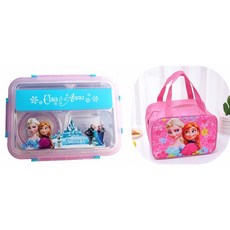 卡通h kitty哆啦A夢兒童便當盒304不鏽鋼四格午餐盒學生女分格飯盒可愛帶蓋餐盒送餐具 角落生物, 冰雪（四格1.3L配碗）+款2袋, 1個