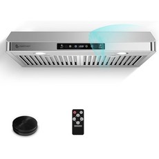 AMZCHEF 언더 캐비닛 레인지 후드 30인치 750CFM 스테인리스 주방 스토브 통풍구 3단 배기 팬 터치원격제스처 컨트롤 LED 조명 시간 설정 식기세척기 안전 배플 필터, Button