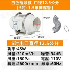 中繼管道風機 5吋 12.5公分口徑 110V 45W 高速排風扇 附1.5米伸縮管, 插頭款白5吋口徑12.5米+1.5米管
