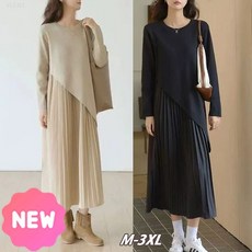 YLEMI 가을 겨울 빅사이즈 여성 레이어드 언밸 이어붙이다 편한 기질 단아한 플리츠 원피스